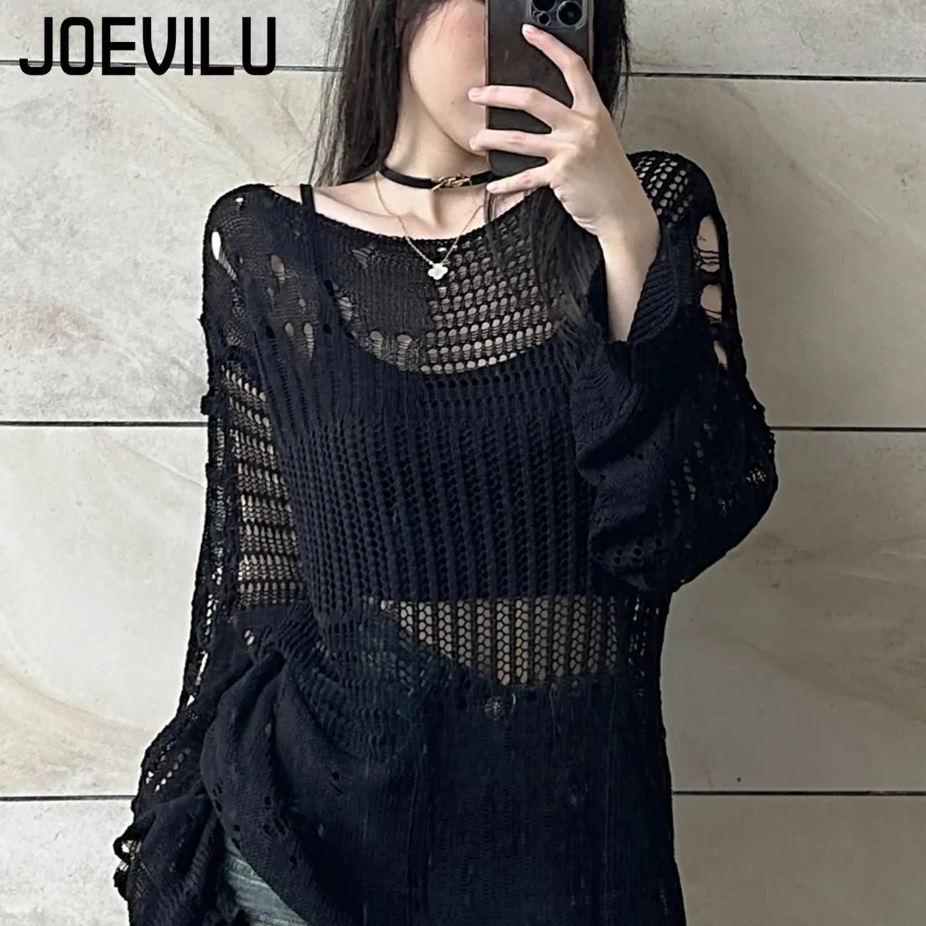 Summer Goth Clothing - JOEVILU Içi Boş Örgü Bluz Yaz