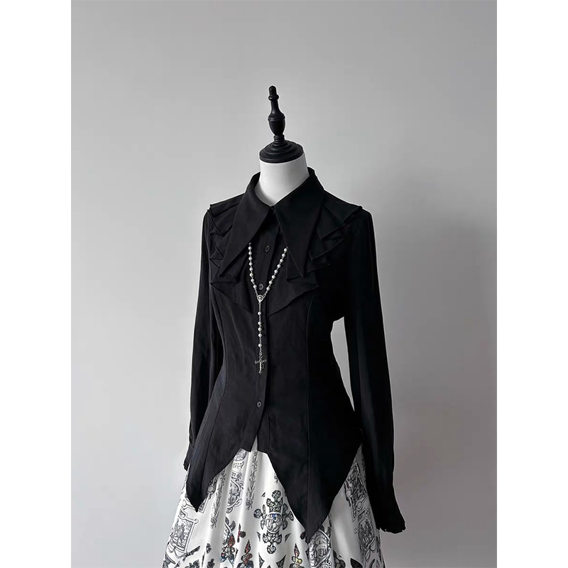 Summer Goth Clothing - Gotik Fırfırlı Siyah Gömlekler Kadınlar Kawaii