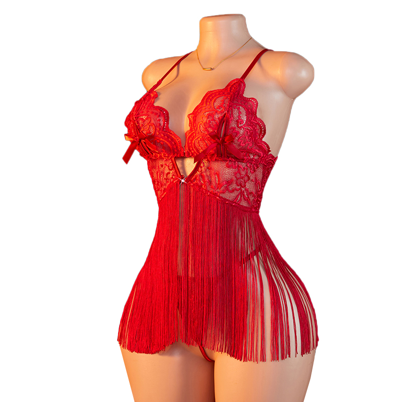 Summer Clothing Sets Women - Şeffaf Dantel Kadın Kırmızı Askılı Püsküllü
