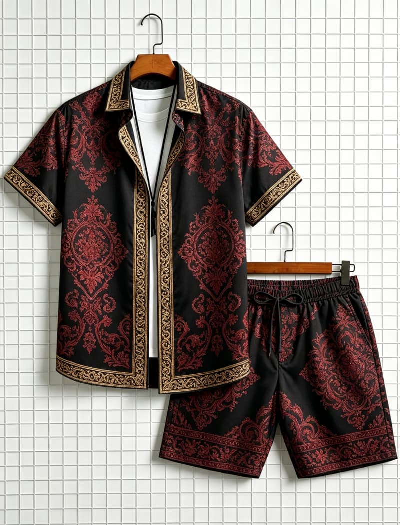 Summer Clothing Essentials - Erkek etnik desenli kısa kollu gömlek
