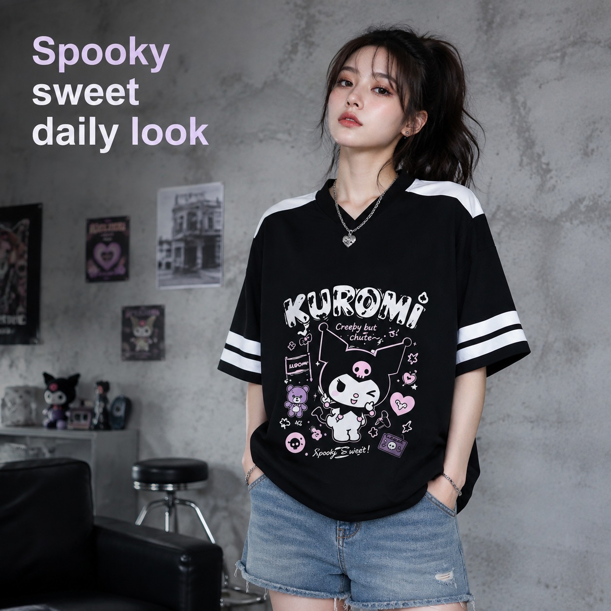 Summer Goth Clothing - Siyah Beyaz Kuromi Büyük Beden V