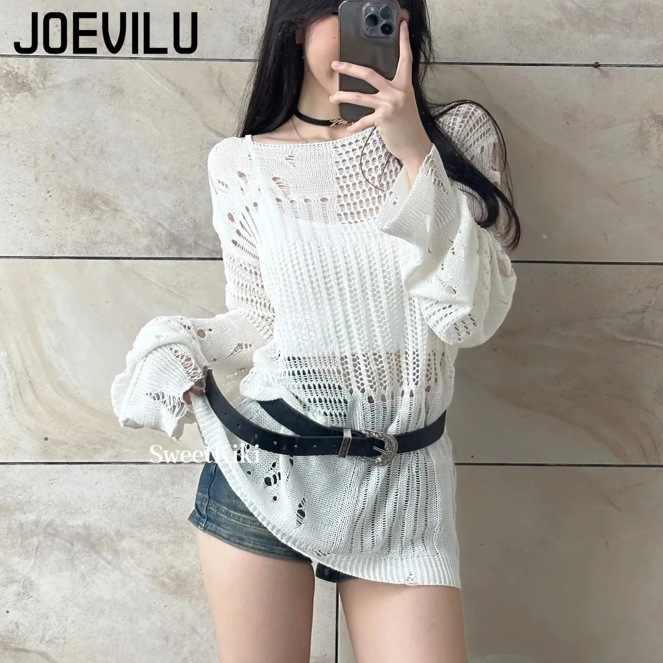 JOEVILU Içi Boş Örgü Bluz Yaz  - Summer Goth Clothing incelemesi ve fiyatı